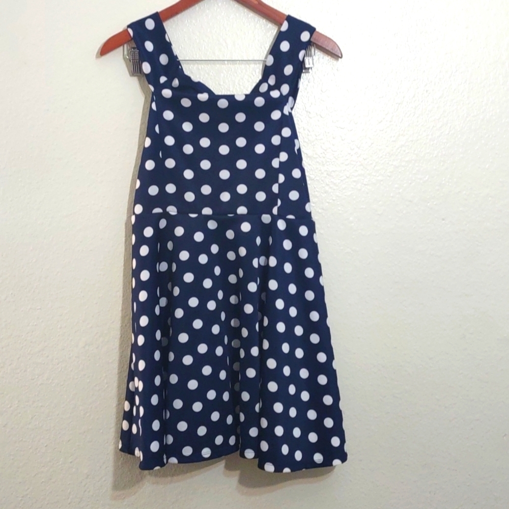 SLIGHTLY USED BLUE AND WHITE POLKA DOT DRESS OFF SHOULDER SIZE JUNIOR 11/13